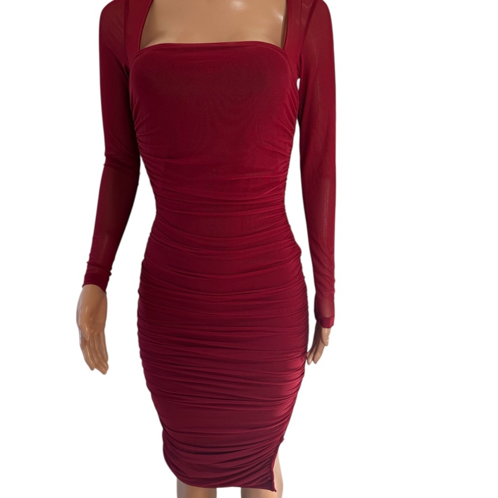 Fashion Nova Red Ruched Long Sleeve Bodycon Dress